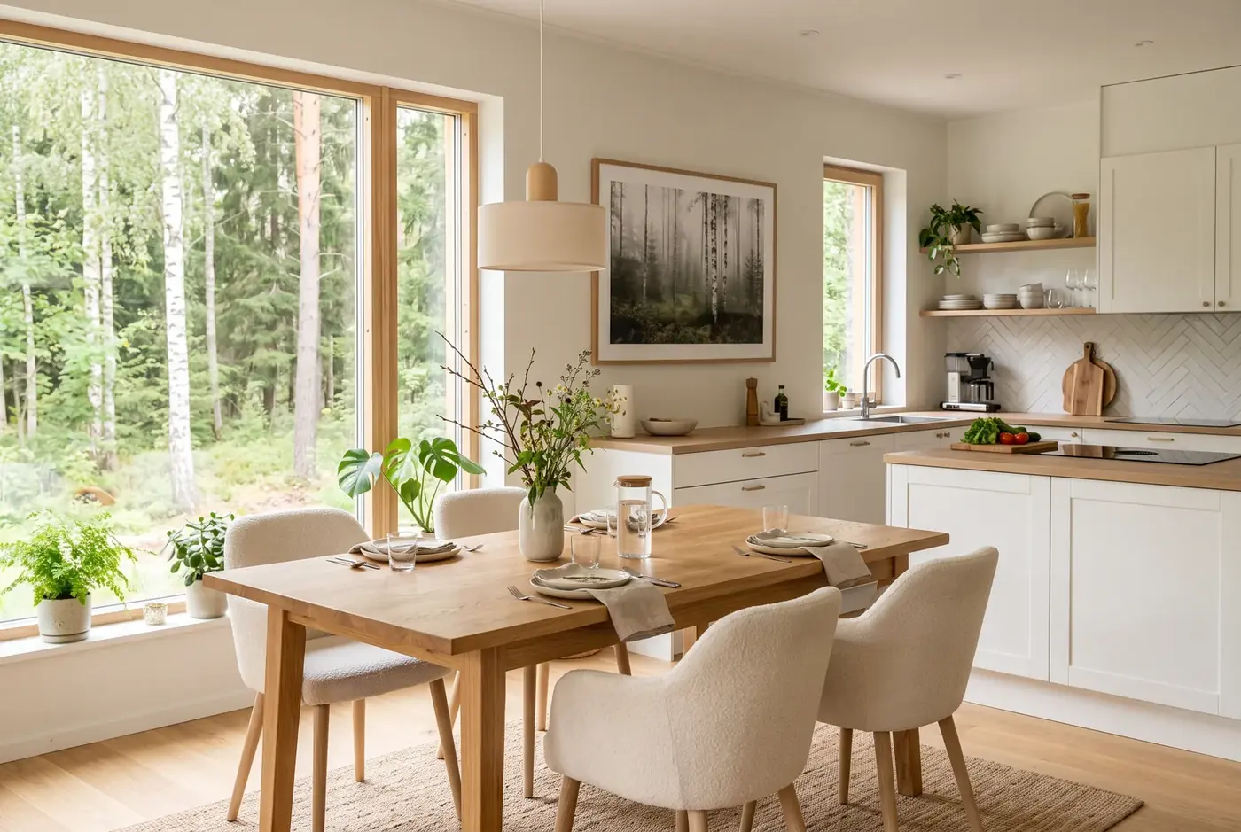 Helle Küche mit Esstisch aus Eichenholz, cremefarbenen Stühlen und grossem Fenster zum Wald