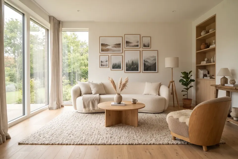 Helles Wohnzimmer mit cremefarbenem Bouclé-Sofa, Eichenholz und grossen Fenstern
